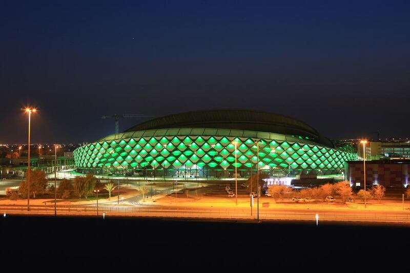 Hazza Bin Zayed Stadium is light up with green lights to celebrate Saudi National Day. Wam