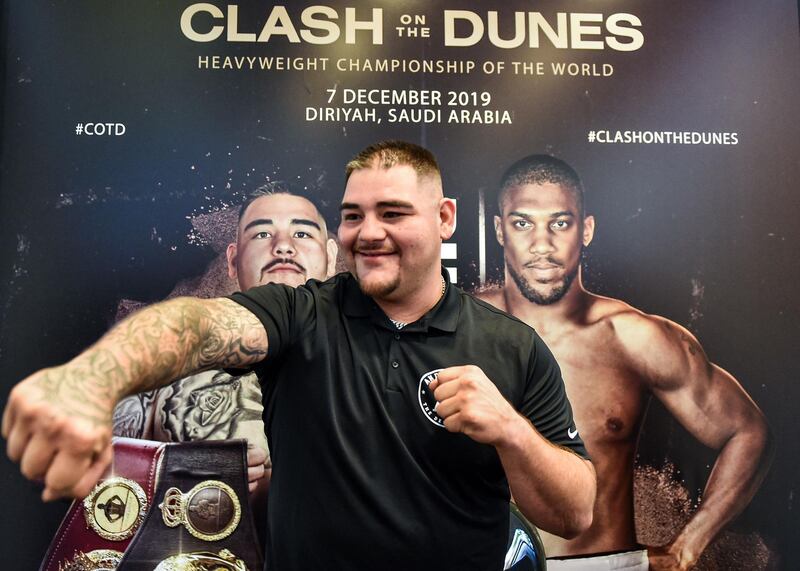 Andy Ruiz Jr poses during the media day for "Clash on the Dunes". AFP