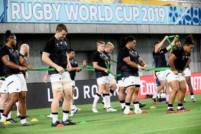 US players attend the team's captain's run training session at Kobe Misaki Stadium in Kobe on September 25, 2019, on the eve of their Japan 2019 Rugby World Cup Pool C match against England. / AFP / Filippo MONTEFORTE
