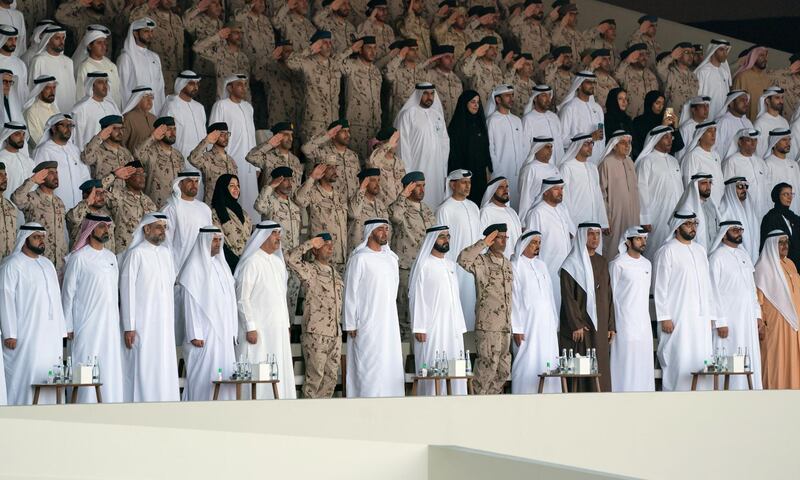 SWEIHAN, ABU DHABI, UNITED ARAB EMIRATES - February 09, 2020: (front row L-R) HH Sheikh Mohamed bin Hamad Al Sharqi, Crown Prince of Fujairah, HH Sheikh Ammar bin Humaid Al Nuaimi, Crown Prince of Ajman, HH Sheikh Sultan bin Mohamed Al Qasimi, Crown Prince of Sharjah, HH Sheikh Hamad bin Mohamed Al Sharqi, UAE Supreme Council Member and Ruler of Fujairah, HH Sheikh Saud bin Rashid Al Mu'alla, UAE Supreme Council Member and Ruler of Umm Al Quwain, HE Major General Essa Saif Al Mazrouei, Deputy Chief of Staff of the UAE Armed Forces, HH Sheikh Mohamed bin Zayed Al Nahyan, Crown Prince of Abu Dhabi and Deputy Supreme Commander of the UAE Armed Forces, HH Sheikh Mohamed bin Rashid Al Maktoum, Vice-President, Prime Minister of the UAE, Ruler of Dubai and Minister of Defence, HE Lt General Hamad Thani Al Romaithi, Chief of Staff UAE Armed Forces, HH Sheikh Humaid bin Rashid Al Nuaimi, UAE Supreme Council Member and Ruler of Ajman, HH Sheikh Saud bin Saqr Al Qasimi, UAE Supreme Council Member and Ruler of Ras Al Khaimah, HH Sheikh Hamdan bin Mohamed Al Maktoum, Crown Prince of Dubai, HH Sheikh Rashid bin Saud bin Rashid Al Mu'alla, Crown Prince of Umm Al Quwain, HE Mohamed Ahmad Al Bowardi, UAE Minister of State for Defence Affairs and HH Sheikh Hamdan bin Rashid Al Maktoum, Deputy Ruler of Dubai and UAE Minister of Finance, stand for the national anthem during a reception to celebrate and honor members of the UAE Armed Forces who participated in the Arab coalition in Yemen, at Zayed Military City.

( Eissa Al Hammadi for the Ministry of Presidential Affairs )
---