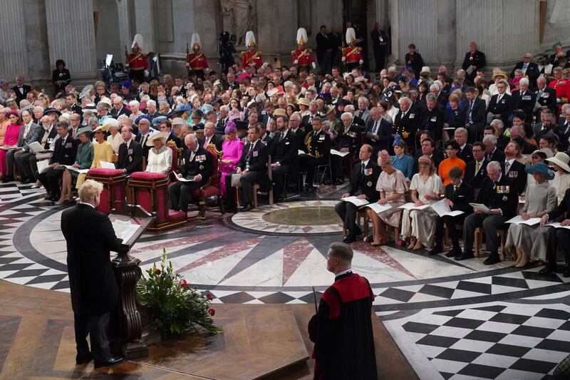 Britain's Prime Minister Boris Johnson gives a reading at the service of thanksgiving. AP 