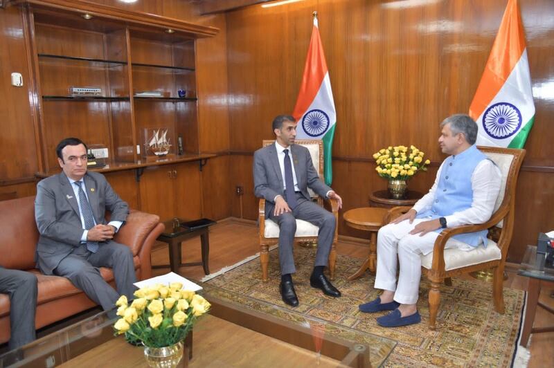 Minister of State for Foreign Trade, Dr Thani Al Zeyoudi, meets Indian ministers in New Delhi. The countries have discussed a deal that could boost the value of non-oil trade between the two to $100 billion in five years. All photos supplied.