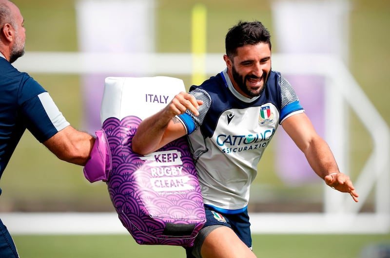 Italy's scrum-half Tito Tebaldi takes part during a training session at Kusanagi Sports Complex during the Japan 2019 Rugby World Cup in Shizuoka. Italy play South Africa in the Pool B match at the Shizuoka Stadium Ecopa on Friday. AFP