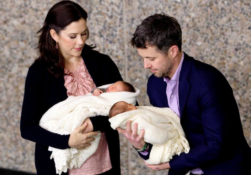 Crown Prince Frederik presents their newborn twins to the media at the Rigshospitalet, in Copenhagen, in 2011. AP