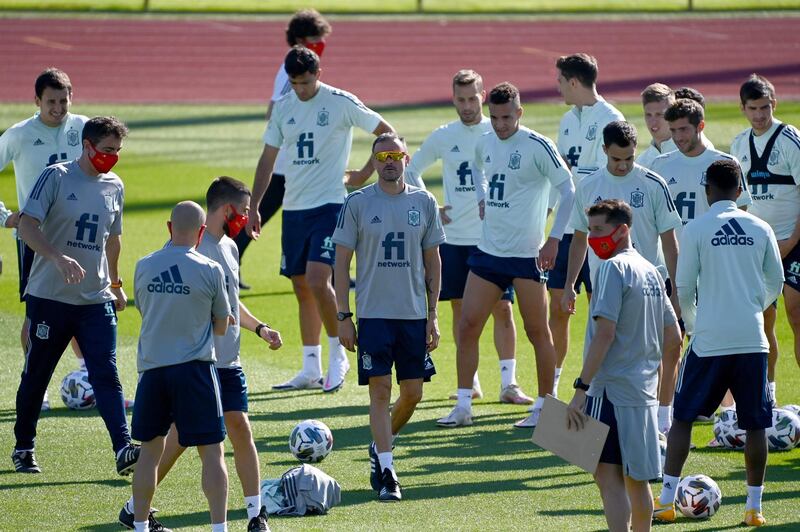 Spain manager Luis Enrique, centre, leads a training session at the Ciudad del Futbol in Las Rozas de Madrid on the eve of the UEFA Nations League football match between Spain and Switzerland. AFP