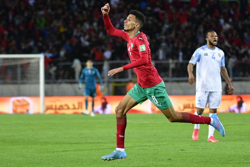 Morocco's Azzedine Ounahi celebrates scoring his first goal. AFP