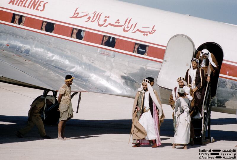 Sheikh Shakhbout, Ruler of Abu Dhabi, descends from a Middle East Airlines flight on his arrival to Abu Dhabi Airport from their trip to London and Paris, July, 1961. Photo: Dr Alan Horan © UAE National Library and Archives