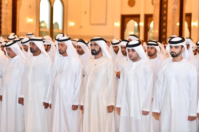 DUBAI, 15th June, 2018 (WAM) -- His Highness Sheikh Mohammed bin Rashid Al Maktoum, the Vice President, Prime Minister and Ruler of Dubai, this morning performed the Eid al-Fitr prayer at Zabeel Mosque.

Performing the prayer alongside His Highness Sheikh Mohammed were H.H. Sheikh Hamdan bin Mohammed bin Rashid Al Maktoum, Crown Prince of Dubai, H.H. Sheikh Hamdan bin Rashid Al Maktoum, Deputy Ruler of Dubai and UAE Minister of Finance, H.H. Sheikh Ahmed bin Saeed Al Maktoum, Chairman of Dubai Civil Aviation Authority and Chief Executive of Emirates Group H.H. Sheikh Ahmed bin Mohammed bin Rashid Al Maktoum, Chairman of Mohammed bin Rashid Al Maktoum Knowledge Foundation, a number of Sheikhs, officials and a group of worshipers. Wam