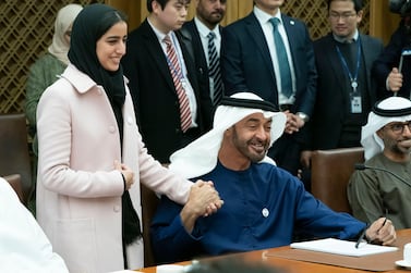 SEOUL, REPUBLIC OF KOREA (SOUTH KOREA) - February 26, 2019: HH Sheikh Mohamed bin Zayed Al Nahyan, Crown Prince of Abu Dhabi and Deputy Supreme Commander of the UAE Armed Forces (C), attends a meeting with HE Moon Hee-sang, Speaker of the National Assembly (not shown), at the National Assembly Building of the Republic of Korea (South Korea). Seen with HH Sheikha Hassa bint Mohamed bin Hamad bin Tahnoon Al Nahyan (L) and HE Suhail bin Mohamed Faraj Faris Al Mazrouei, UAE Minister of Energy (R). ( Hamad Al Mansoori / Ministry of Presidential Affairs ) ---