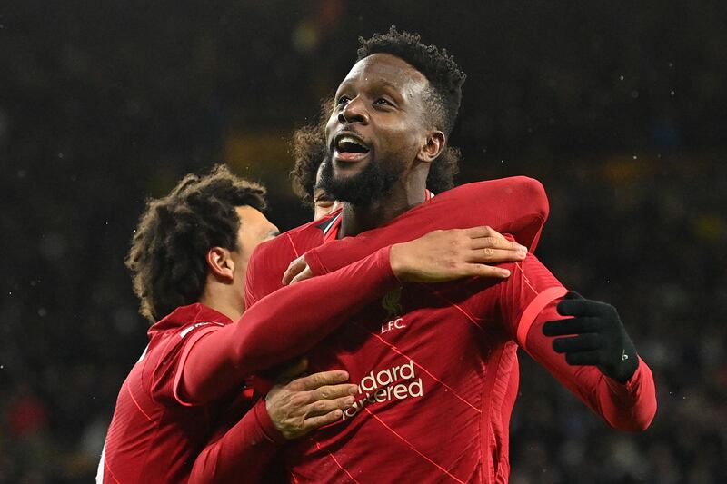 Divock Origi  celebrates after scoring Liverpool's late winner against Wolves in the Premier League game at Molineux on Saturday, December 4. AFP