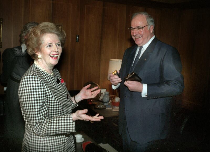 British Prime Minister Margaret Thatcher and then German Chancellor Helmut Kohl in 1989