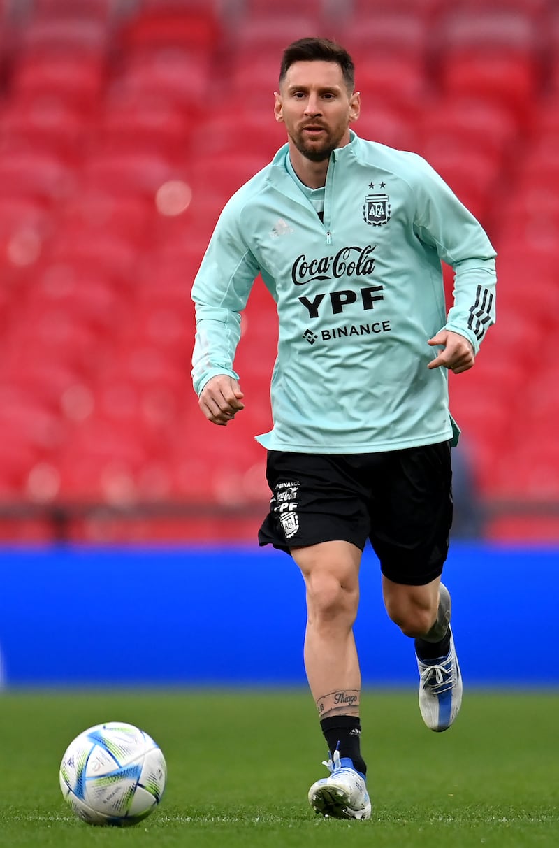 Lionel Messi of Argentina trains at Wembley Stadium. Getty Images