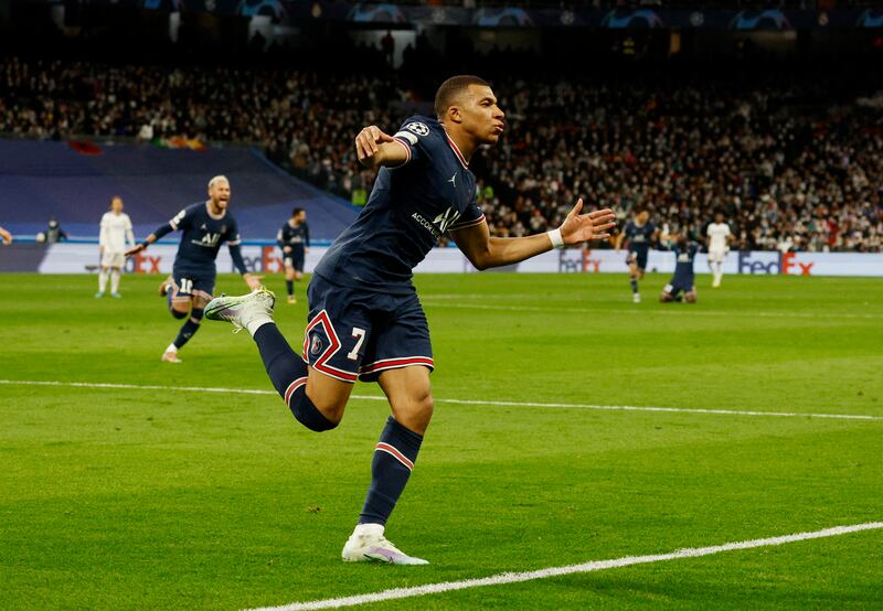 Kylian Mbappe celebrates scoring the first goal. Reuters