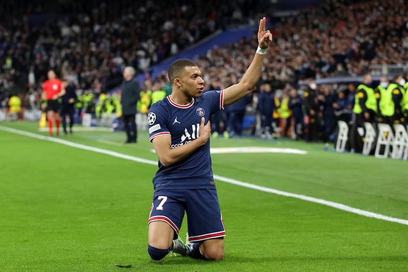 Kylian Mbappe - 9: Had two early strikes saved by Courtois and then had ball in the net but disallowed for offside. Did score in 39th minute, drilling home into corner after PSG counter-attack. Rounded keeper and scored another just after break but again denied by offside flag. Getty