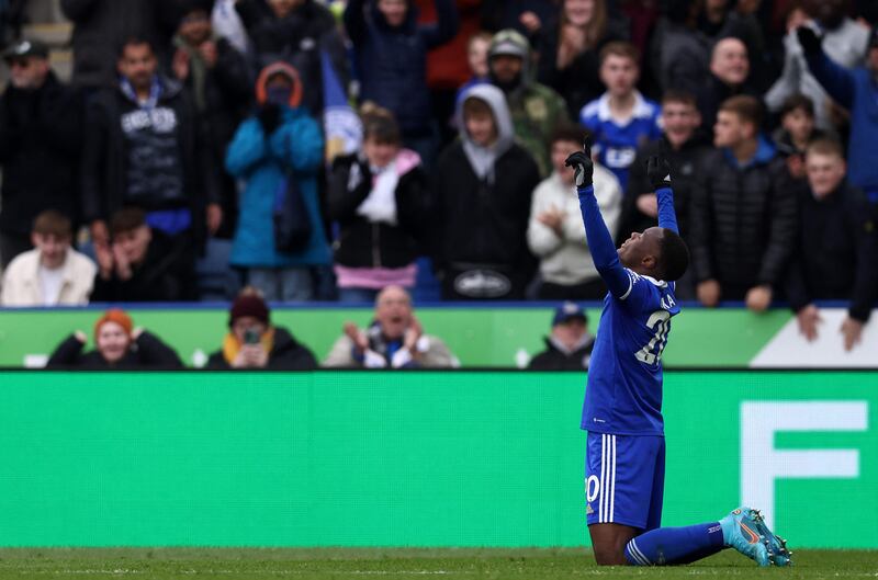 Leicester City's Zambian striker Patson Daka celebrates after scoring. AFP