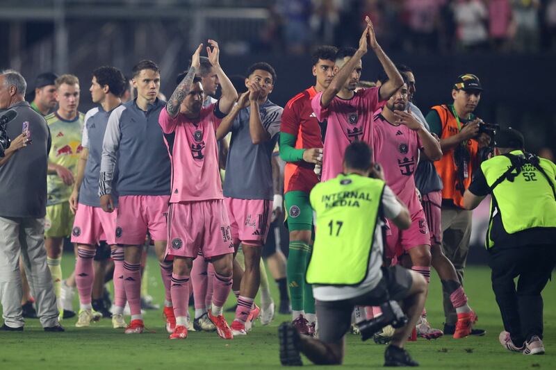 Lionel Messi and his Inter Miami teammates applaud the fans after the win over New York Red Bulls. AFP