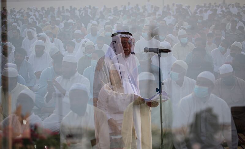 Emirati cleric Aref Sheikh leads Eid Al Adha prayers at Nad Al Hammar Musalla in Dubai. EPA 