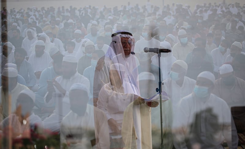 Emirati cleric Aref Sheikh leads Eid Al Adha prayers at Nad Al Hammar Musalla in Dubai. EPA 