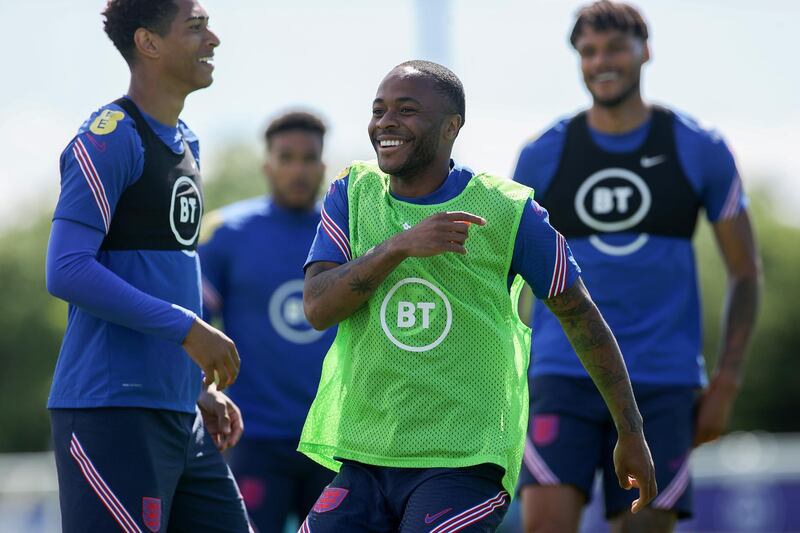 MIDDLESBROUGH, ENGLAND - JUNE 04: Raheem Sterling of England laughs during the England training session on June 04, 2021 in Middlesbrough, England. (Photo by Eddie Keogh - The FA/The FA via Getty Images)