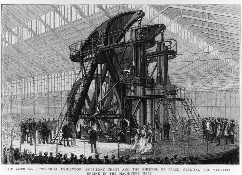 1876: President Grant and the Emperor of Brazil starting a huge 1500hp Corliss steam engine at the 1876 American Centennial Exhibition held in Philadelphia. Hulton Archive/Getty Images