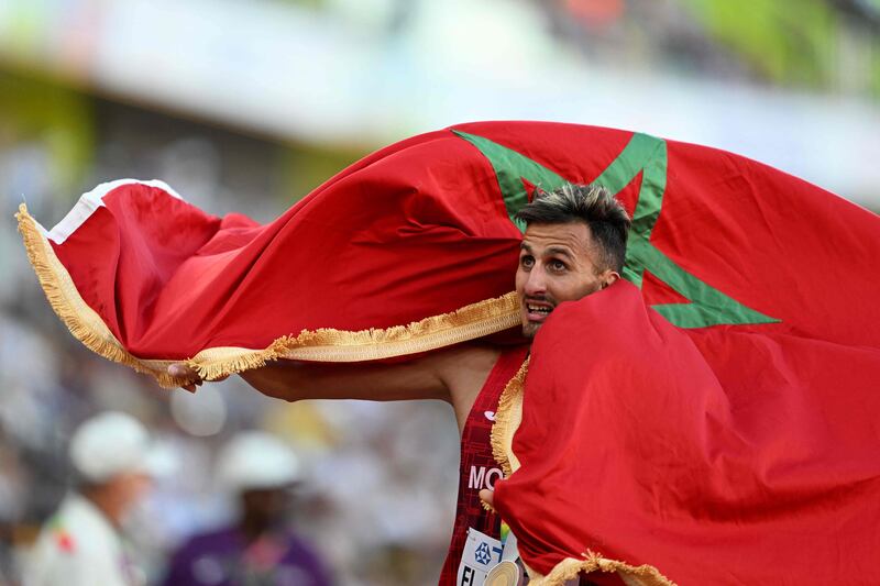 Morocco's Soufiane El Bakkali celebrates winning the men's 3000m steeplechase final during the World Athletics Championships in Eugene, Oregon. AFP