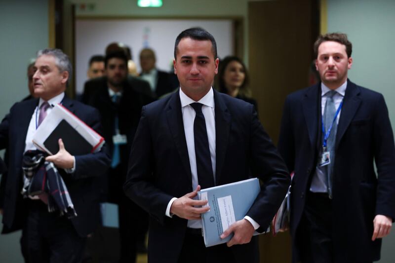 Italian Foreign Minister Luigi Di Maio arrives to an European Foreign Affairs meeting at the Europa building in Brussels, Monday, Jan. 20, 2020. (AP Photo/Francisco Seco)