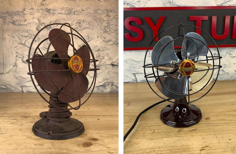 Before and after images of a vintage 1950s table fan restoration  by TysyTube