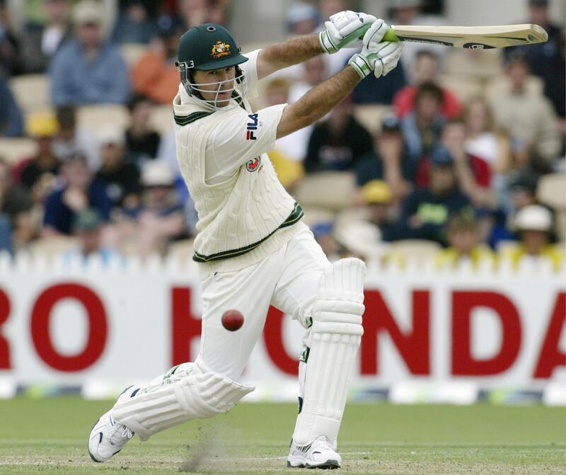AUSTRALIA'S PONTING HITS A FOUR DURING THE FIRST DAY OF THE SECOND TEST AGAINST INDIA AT THE ADELAIDE OVAL.  Australia's Ricky Ponting hits a four during his century innings on the first day of the second test against India at the Adelaide Oval December 12, 2003. The best of four-test series stands at 0-0 after the first test in Brisbane ended in a draw. REUTERS/David Gray