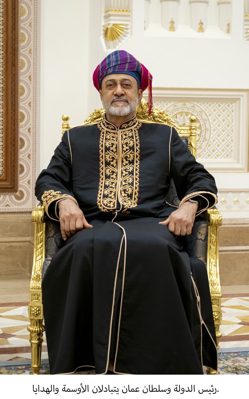 Sultan Haitham, pictured at Al Alam Palace in Muscat last month, on Monday arrived in Bahrain for a two-day visit. Photo: Mohamed Al Hammadi  /  UAE Presidential Court