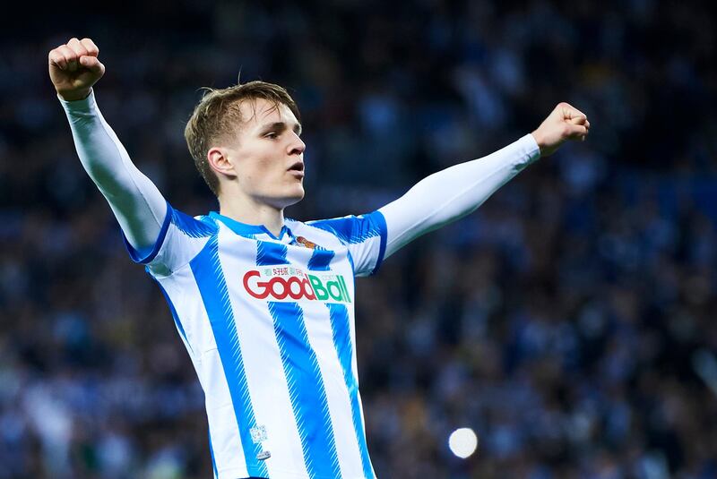 SAN SEBASTIAN, SPAIN - FEBRUARY 13: Martin Odegaard of Real Sociedad celebrates after scoring his team's second goal during the Copa del Rey Semi-Final 1st Leg match between Real Sociedad and Mirandes at Estadio Anoeta on February 13, 2020 in San Sebastian, Spain. (Photo by Juan Manuel Serrano Arce/Getty Images)