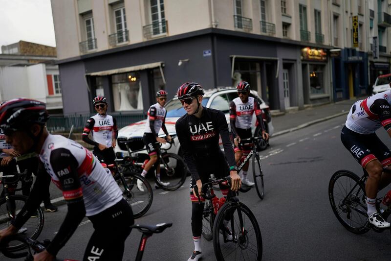 Tadej Pogacar and teammates during a training ride in Brest ahead of the start of the Tour de France. AP
