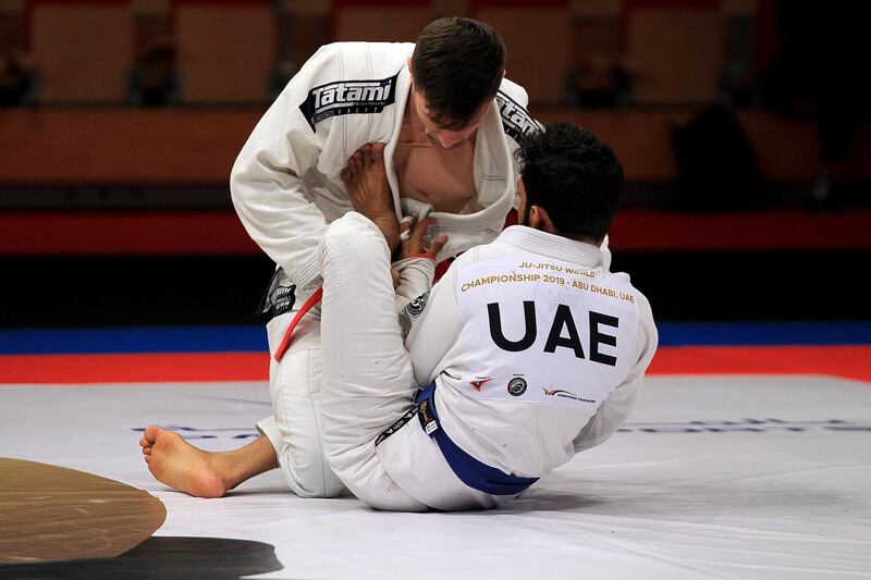 Abu Dhabi, October, 24 2019: (R) Al Kurbi Talib of UAE and (L) Corbei Remus of Romania compete in the finals during the Ju-Jitsu Championship in Abu Dhabi . Satish Kumar/ For the National / Story by Amit Passela