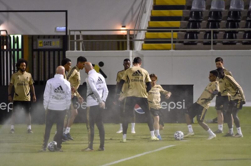 Real Madrid players conduct drills during a training session in Jeddah. AFP