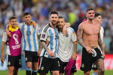 Lionel Messi (2-L) of Argentina and teammates celebrate after winning the FIFA World Cup 2022 round of 16 soccer match between Argentina and Australia at Ahmad bin Ali Stadium in Doha, Qatar, 03 December 2022.   EPA / Friedemann Vogel