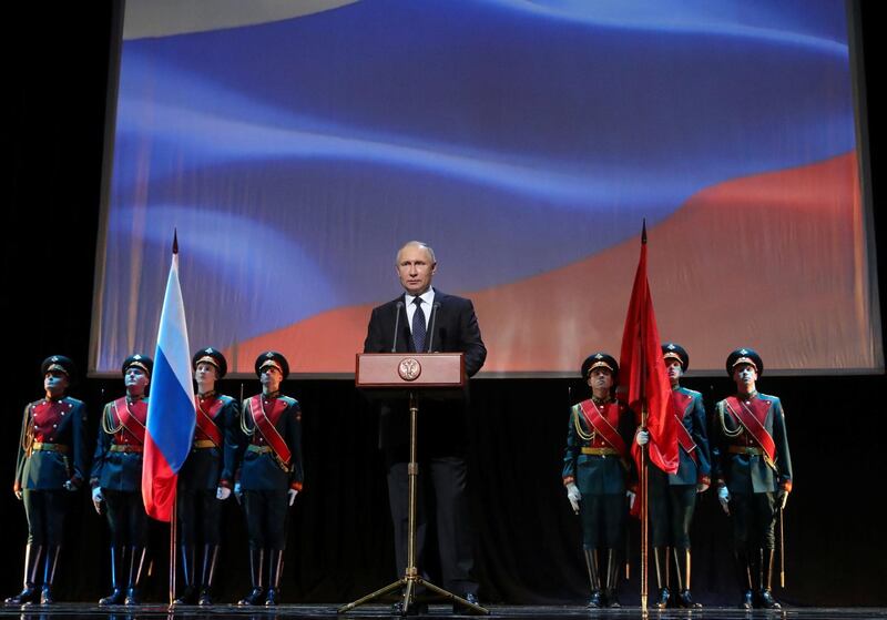 Russian President Vladimir Putin speaks at the concert dedicated to 75th anniversary since Leningrad siege was lifted during the World War Two in Saint Petersburg, Russia January 27, 2019. Sputnik/Mikhail Klimentyev/Kremlin via REUTERS ATTENTION EDITORS - THIS IMAGE WAS PROVIDED BY A THIRD PARTY.