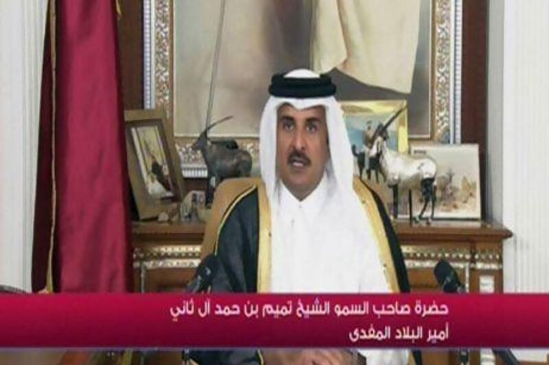 An image grab taken from Qatar TV shows Sheikh Tamim, the new emir of Qatar, delivering his first televised speech to the nation as its ruler.