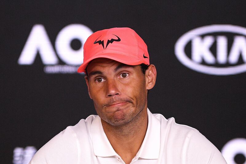 epa08366233 (FILE) Rafael Nadal of Spain reacts during a press conference after losing his quarter final match against Dominic Thiem of Austria at the Australian Open Grand Slam tennis tournament at Rod Laver Arena in Melbourne, Australia, 29 January 2020, re-issued 16 April 2020. Nadal said during a radio interview that he thinks it will be difficult to have a big tournament taking place in short- or mid-term. As Wimbledon was already cancelled, the French Open were postponed to 20 September until 04 October and also the US Open in New York are  still due to take place from 24 August until 13 September.  EPA/LUKAS COCH AUSTRALIA AND NEW ZEALAND OUT *** Local Caption *** 55830796
