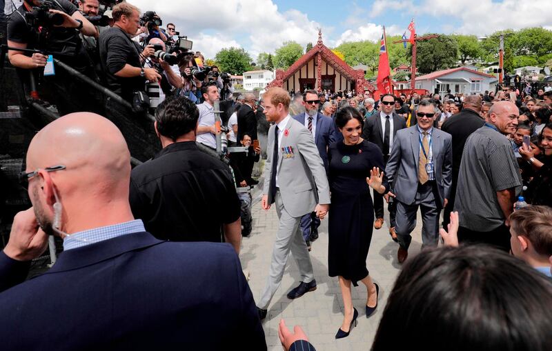 Prince Harry and Meghan leave the Te Papaiouru Marae in Rotorua. AFP