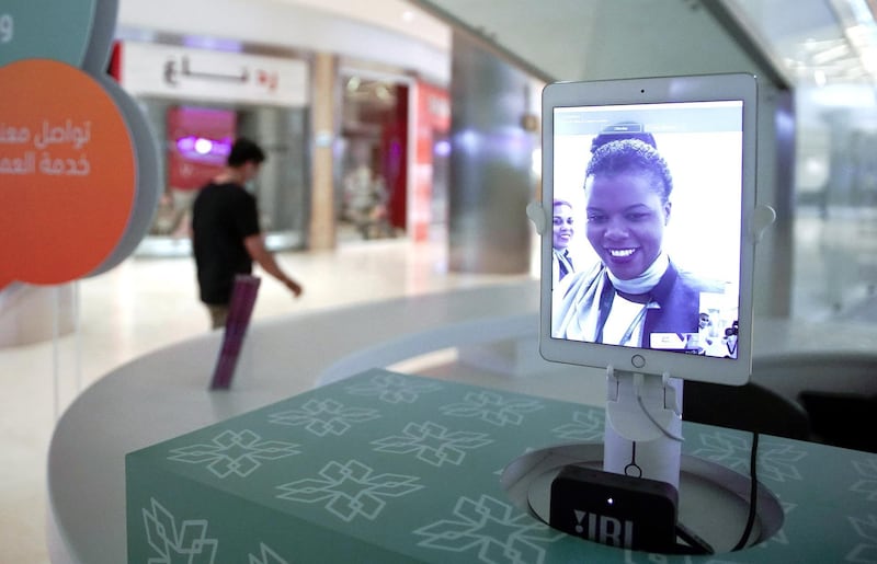 Abu Dhabi, United Arab Emirates, April 30, 2020.  Abu Dhabi officials on Wednesday said they were considering reopening malls soon, as they began a consultation with traders.  The new Yas mall information desk with a monitor which connects to a central information station in the mall.  
Victor Besa / The National
Section:  NA
For:  Standalone/Stock Images