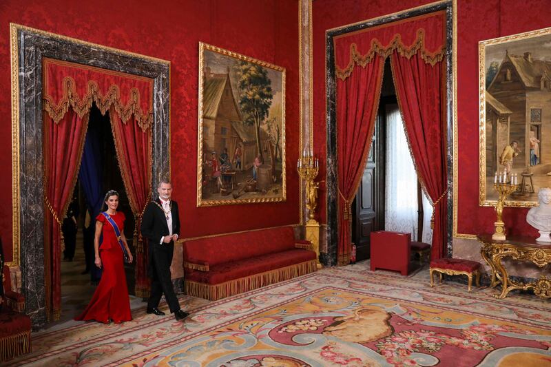 Spanish King Felipe VI and Queen Letizia before a gala dinner hosted in honour of Colombia's President Gustavo Petro and the first lady, Veronica Alcocer, at the Royal Palace, in Madrid. AFP