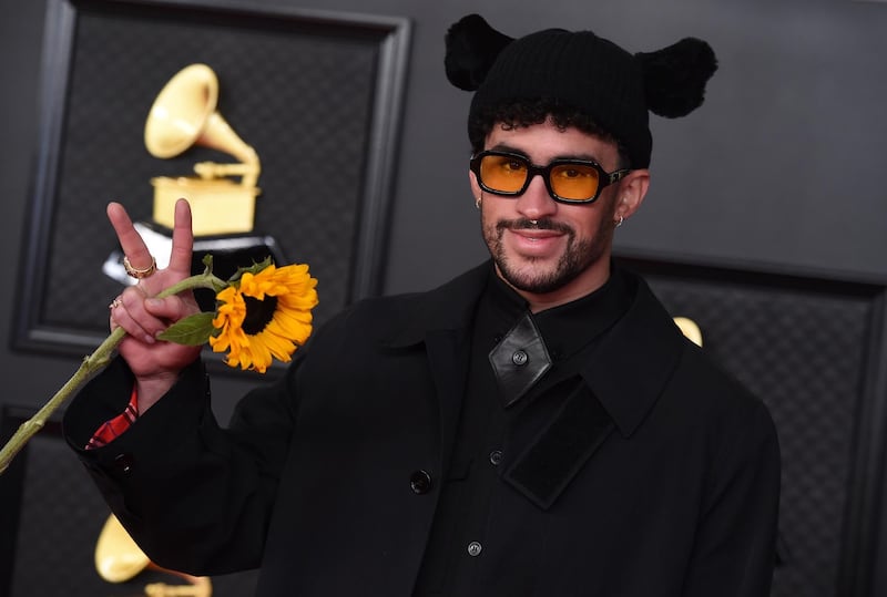 Bad Bunny arrives at the 63rd annual Grammy Awards at the Los Angeles Convention Center on Sunday, March 14, 2021. (Photo by Jordan Strauss/Invision/AP)