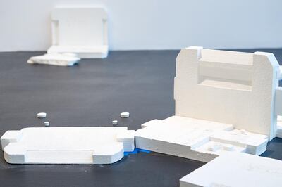 For Sarah Al Mehairi's 'A Filled Form is Familiar' (2020), she cast a styrofoam box forty times, with minute differences between them, to question the idea of an original. Seaf