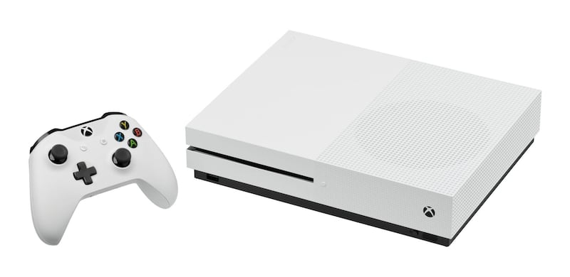 The Xbox One S, a video game console made by Microsoft and released in 2016. The "S" is a slimmer model of the previous One that was first released in 2013. Besides being smaller, the S has new features like HDR and 4K video from streaming and UHD Blu-Ray sources.  Wikipedia Commons