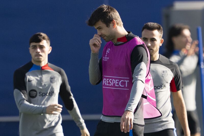 Gerard Pique participates in a training session in Barcelona. EPA