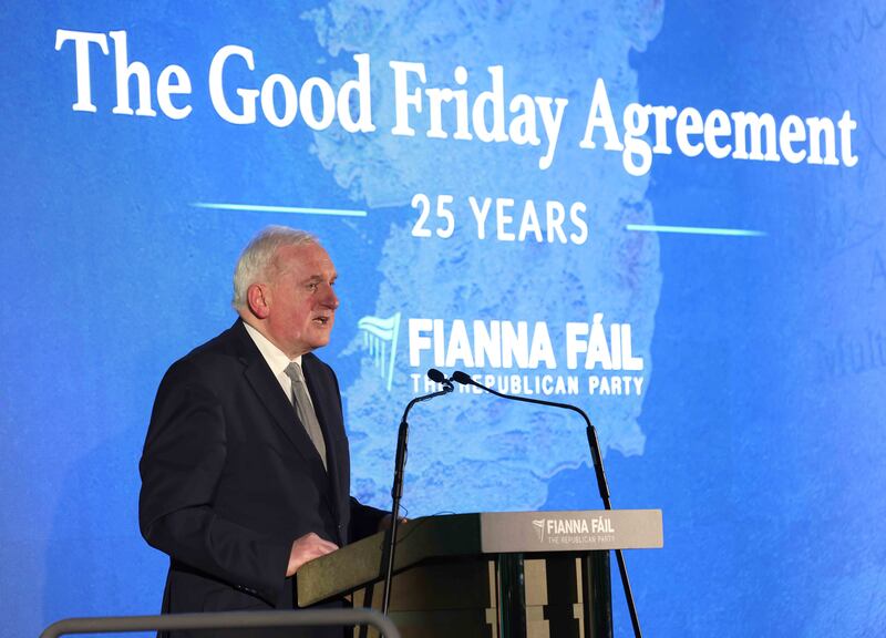 Mr Ahern speaking at University College Dublin at an event organised by the Fianna Fail party to commemorate the 25th anniversary of the Good Friday Agreement in Dublin. PA