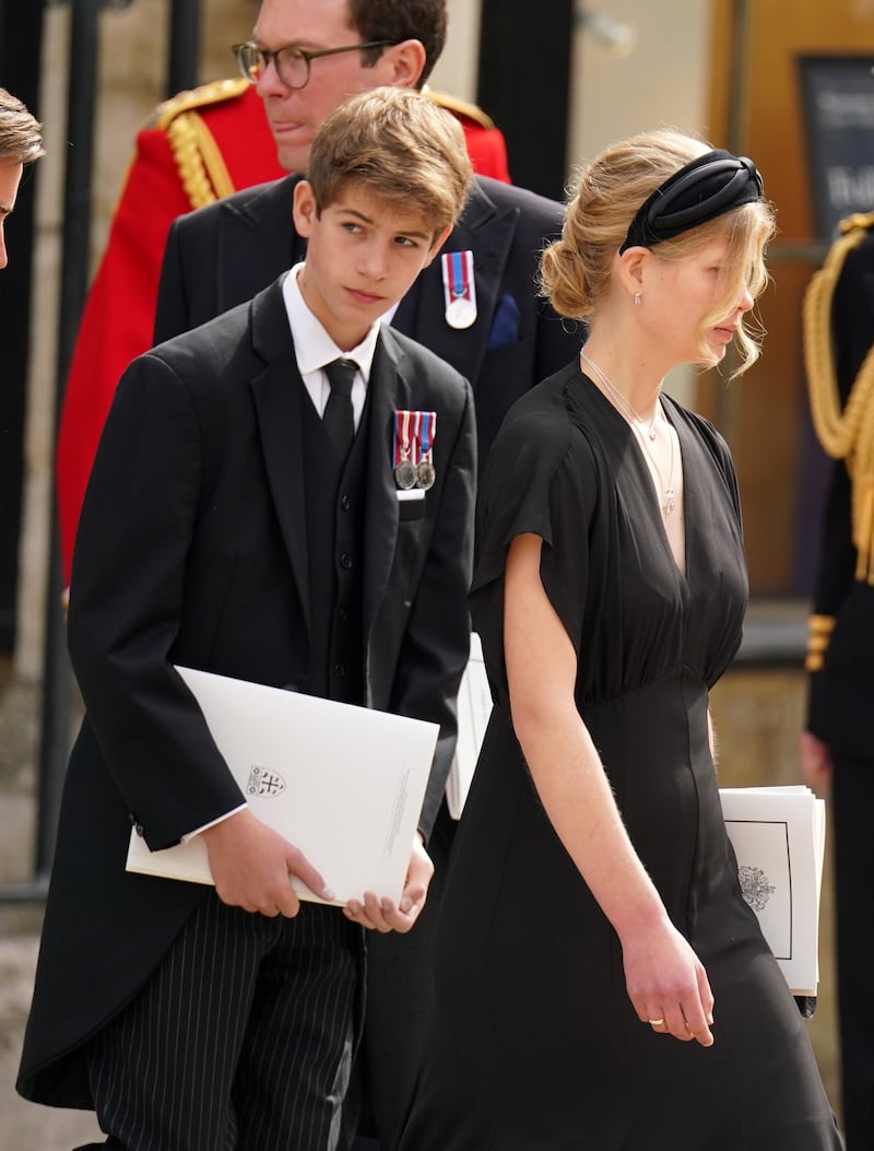 Lady Louise Windsor and James, Visount Severn, leave after the funeral. PA