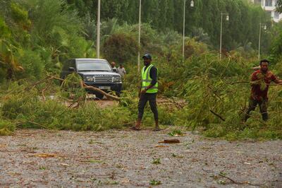 Workers remove a fallen tree branch off the road after heavy rain and wind in Dubai. Reuters