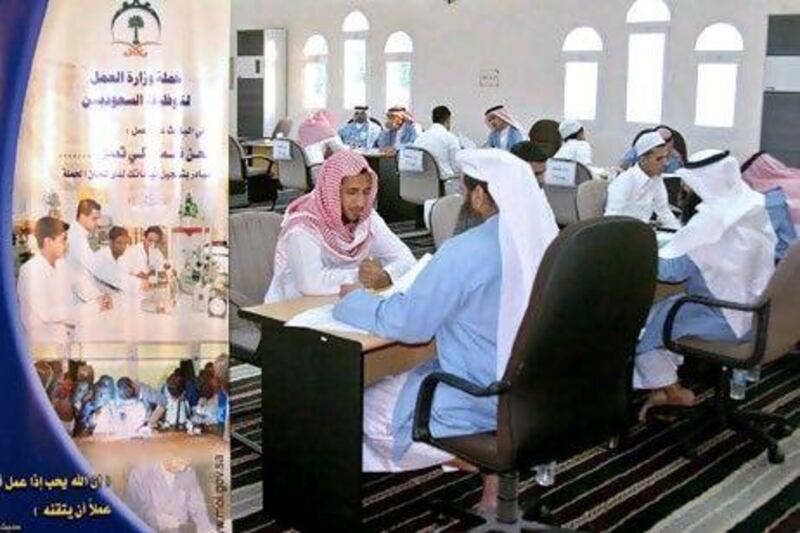 Saudi job seekers take part in an interview exam at an employment centre in Jeddah. AP Photo