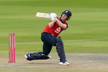 MANCHESTER, ENGLAND - AUGUST 30: Eoin Morgan of England hits a six during the 2nd Vitality International Twenty20 match between England and Pakistan at Emirates Old Trafford on August 30, 2020 in Manchester, England. (Photo by Stu Forster/Getty Images for ECB)