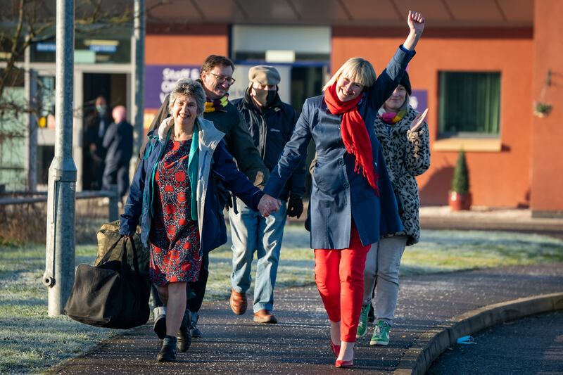Environmental activists Emma Smart, right, and Diana Warner, following their release from HMP Bronzefield, in south-east England, on Friday morning. They had been jailed over protests by the Insulate Britain pressure group. PA